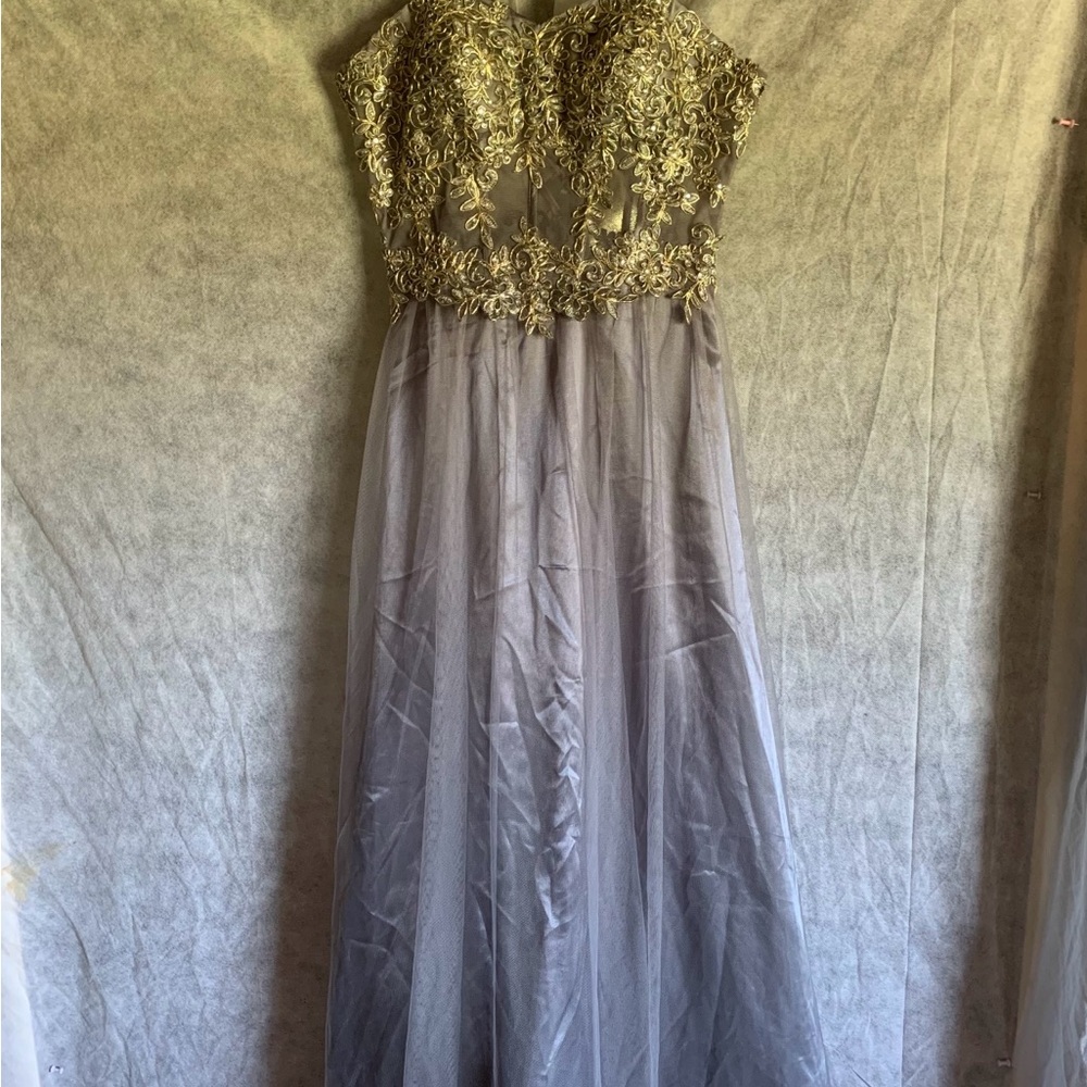 Gold Embellished Gray Prom Dress